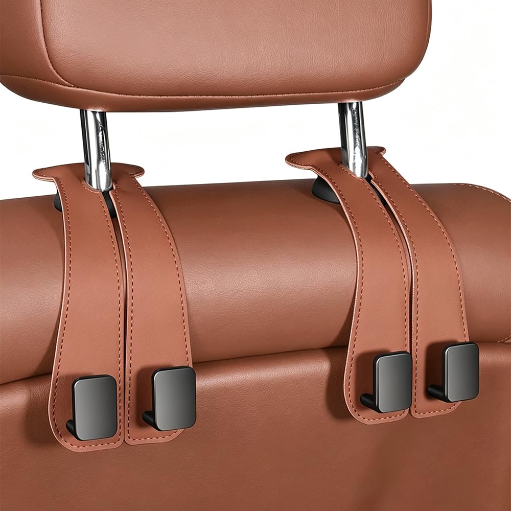 Car Seat Headrest Hooks for Purses and Bags, Double Hook Leather Car Headrest Bag Holder, 90° Rotatable Back Seat Organizer Hook for Sedans, SUVs, Trucks & Vans (Black)