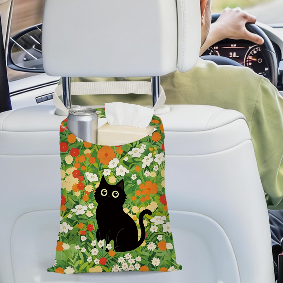 Car Trash Bag, Car Trash Bag Hanging, Country Style Design Hanging Drawstring Adjustable Buckle, Trash Can for Cars SUV, Floral Cute Black Cat Decor 12 x 10 inches