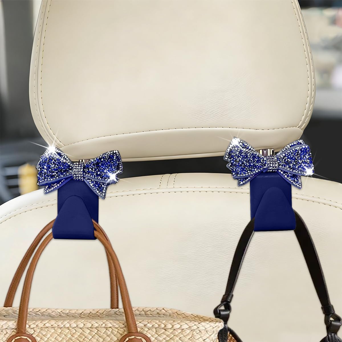 Zpana 4PCS Bling Car Headreat Hook, Crystal Rhinestone Cute Bow, Blue