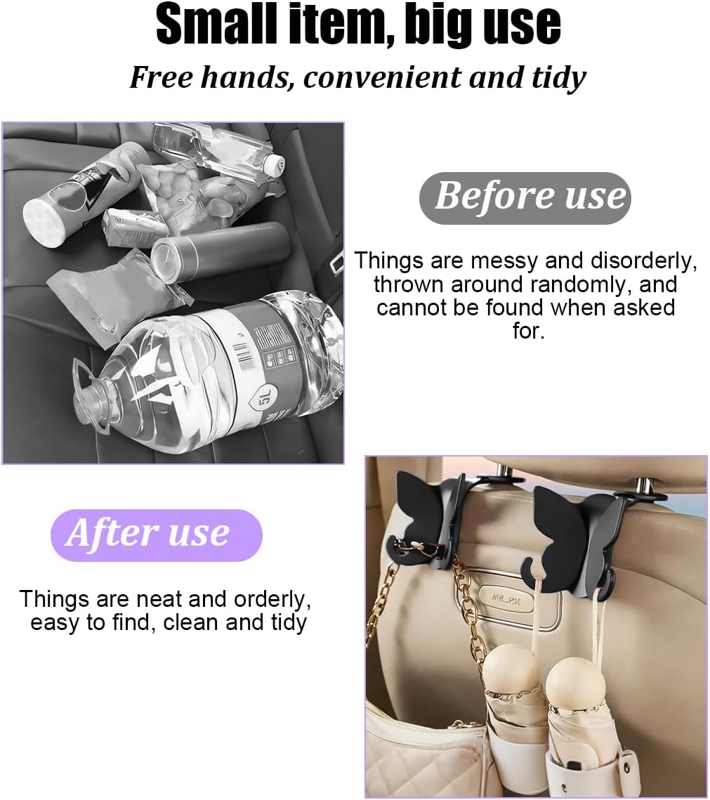 2PCS Car Seat Headrest Hook, Cute Butterfly Backseat Storage Hanger Organizer for Purse Handbag Umbrella, Auto Interior Seat Back Hook Holder Decor, Universal for SUV Truck Van (Black)