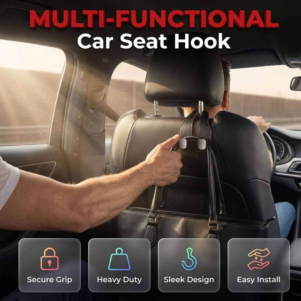 Car Headrest Hooks 2 Pack, Double Hook Seat Organizer for Purses Bags，Black