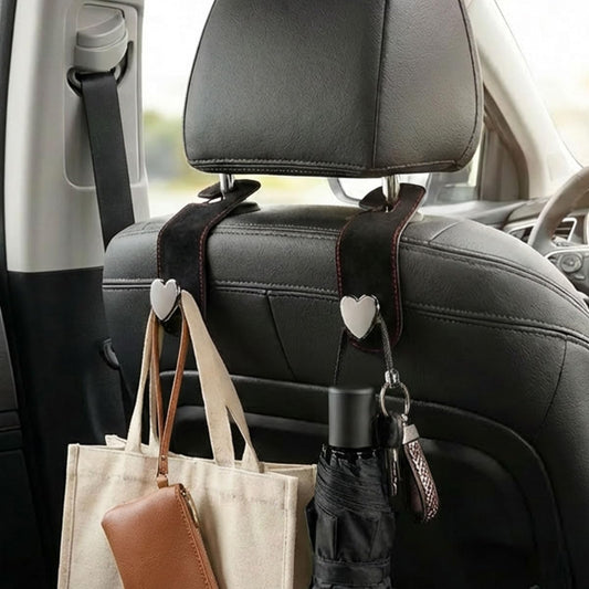 2PCS Cute Heart Car Seat Headrest Hook, Suede Leather Car Seat Back Storage Hanger for Purse and Bag, Universal Vehicle Interior Organizer Accessories for SUV, Truck(Black)