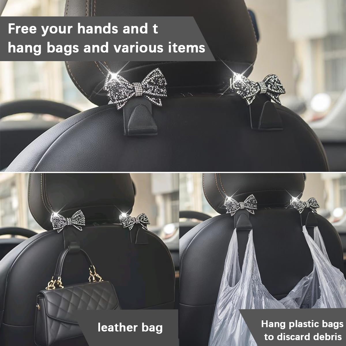 Zpana 4PCS Bling Car Headreat Hook, Crystal Rhinestone Cute Bow, Blue