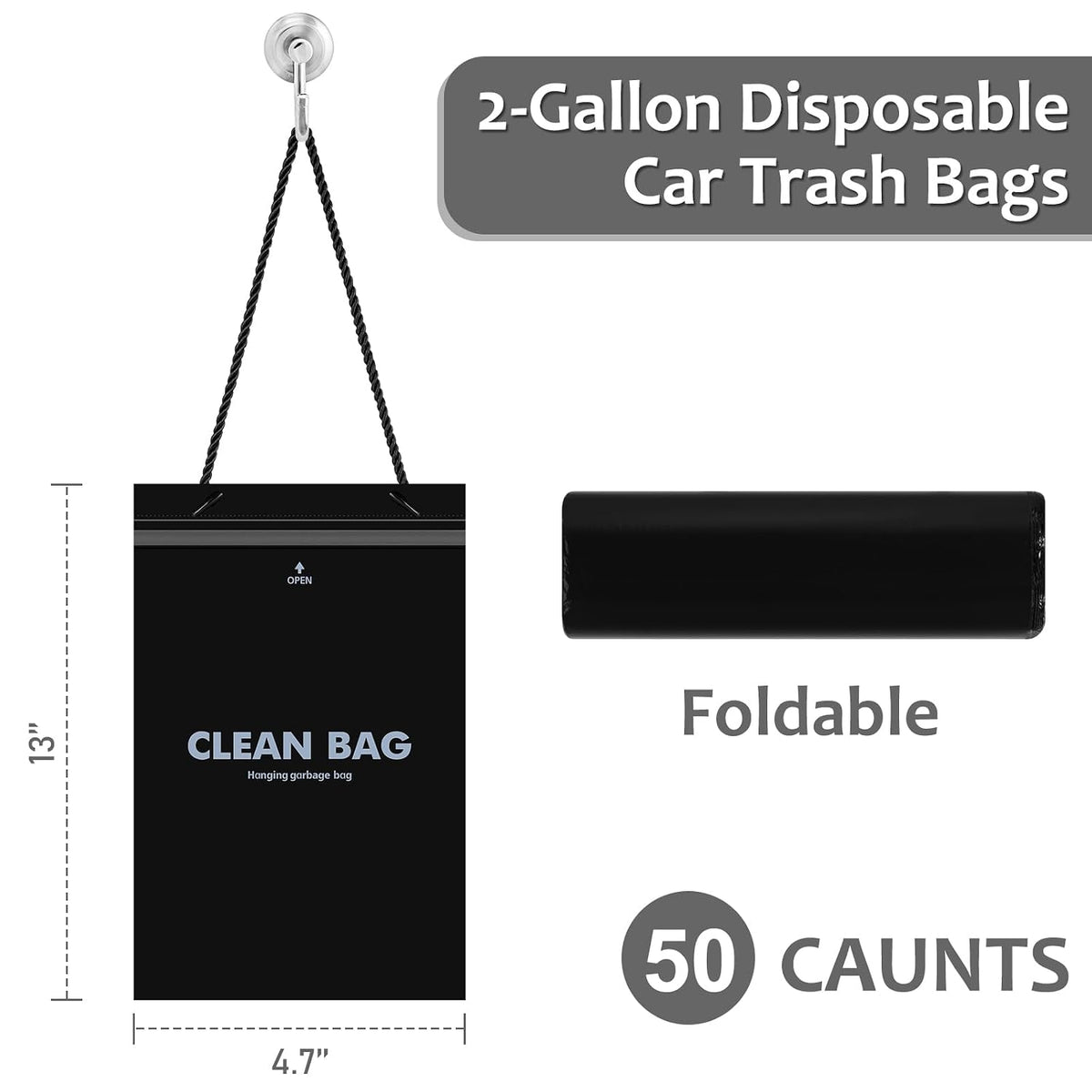 Accmor Hanging Car Trash Bags, 50 Count Disposable Garbage Bags, Easy Stick-On Headrest Waist Bin for Sedan, SUV, Truck, RV, Easy Tear Roll, Leak-Proof, Black