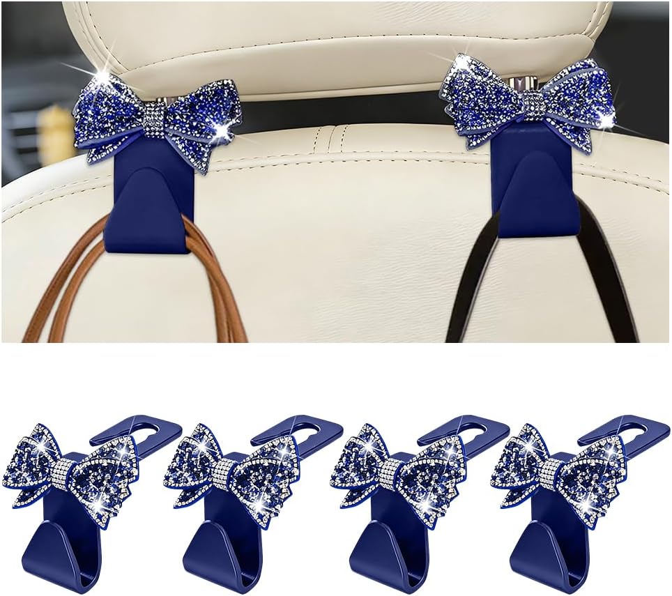 Zpana 4PCS Bling Car Headreat Hook, Crystal Rhinestone Cute Bow, Blue
