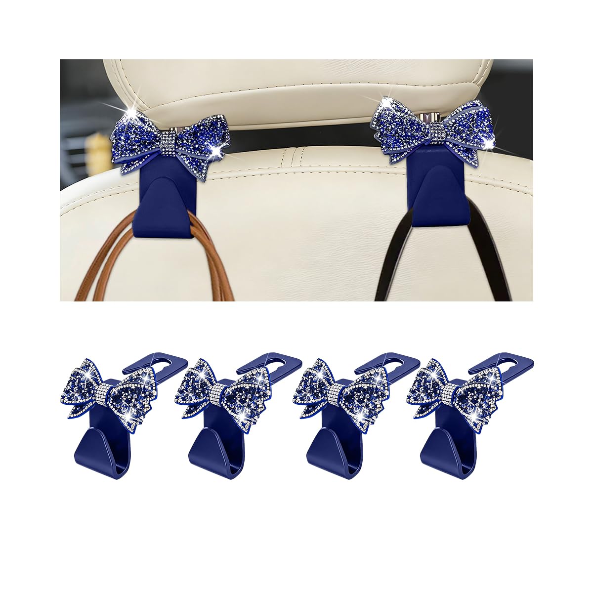 Zpana 4PCS Bling Car Headreat Hook, Crystal Rhinestone Cute Bow, Blue