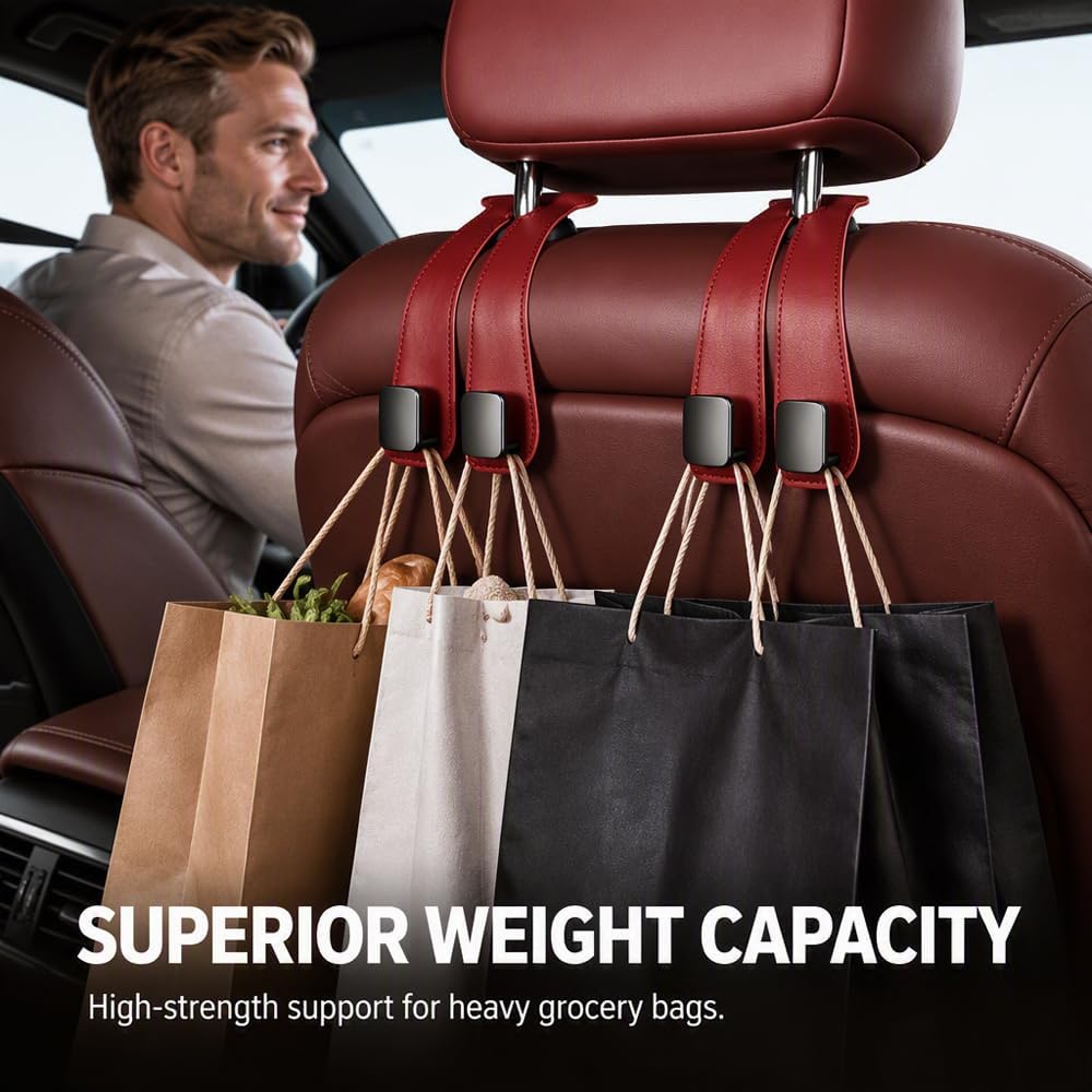 Car Seat Headrest Hooks for Purses and Bags, Double Hook Leather Car Headrest Bag Holder, 90° Rotatable Back Seat Organizer Hook for Sedans, SUVs, Trucks & Vans (Black)