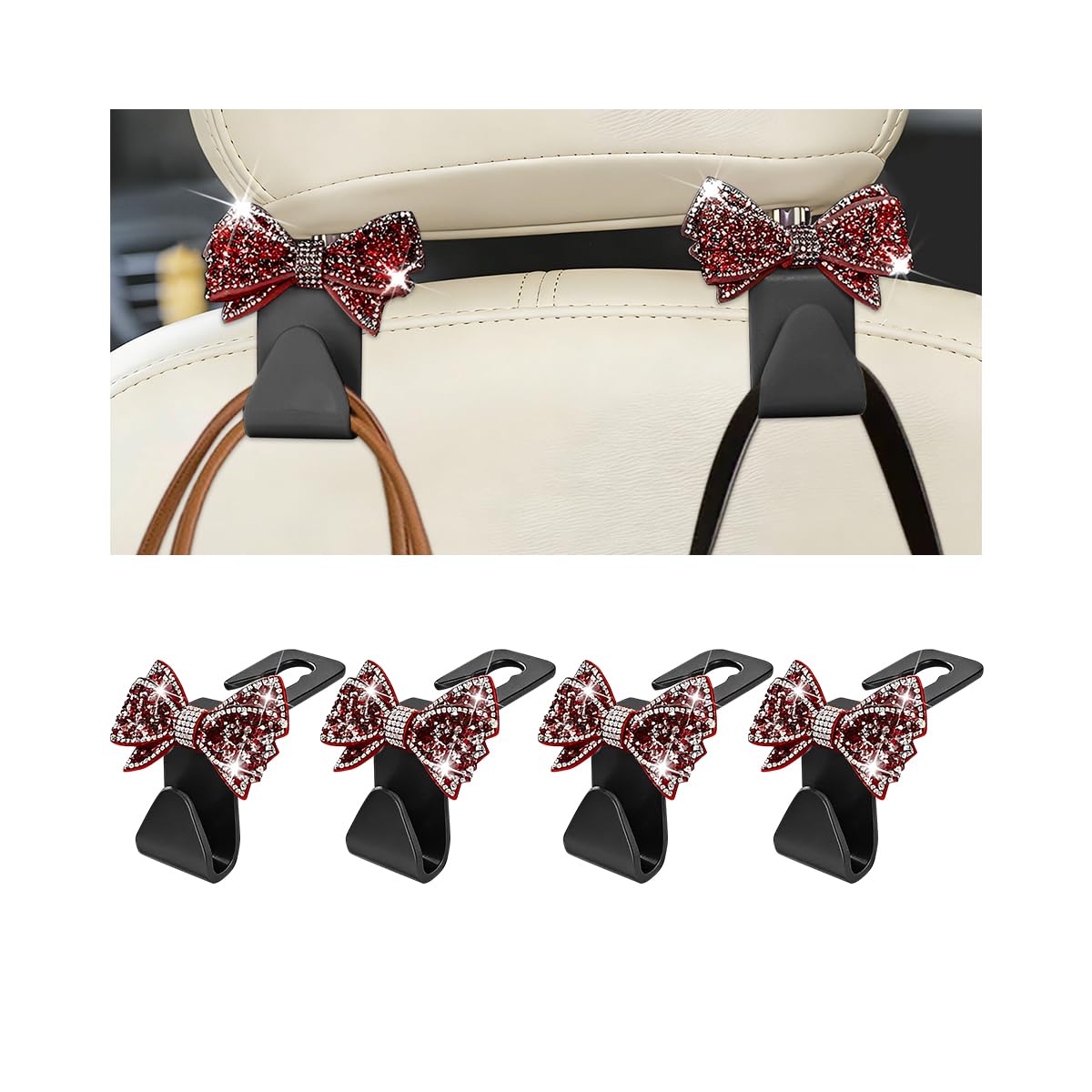 Zpana 4PCS Bling Car Headreat Hook, Crystal Rhinestone Cute Bow, Blue