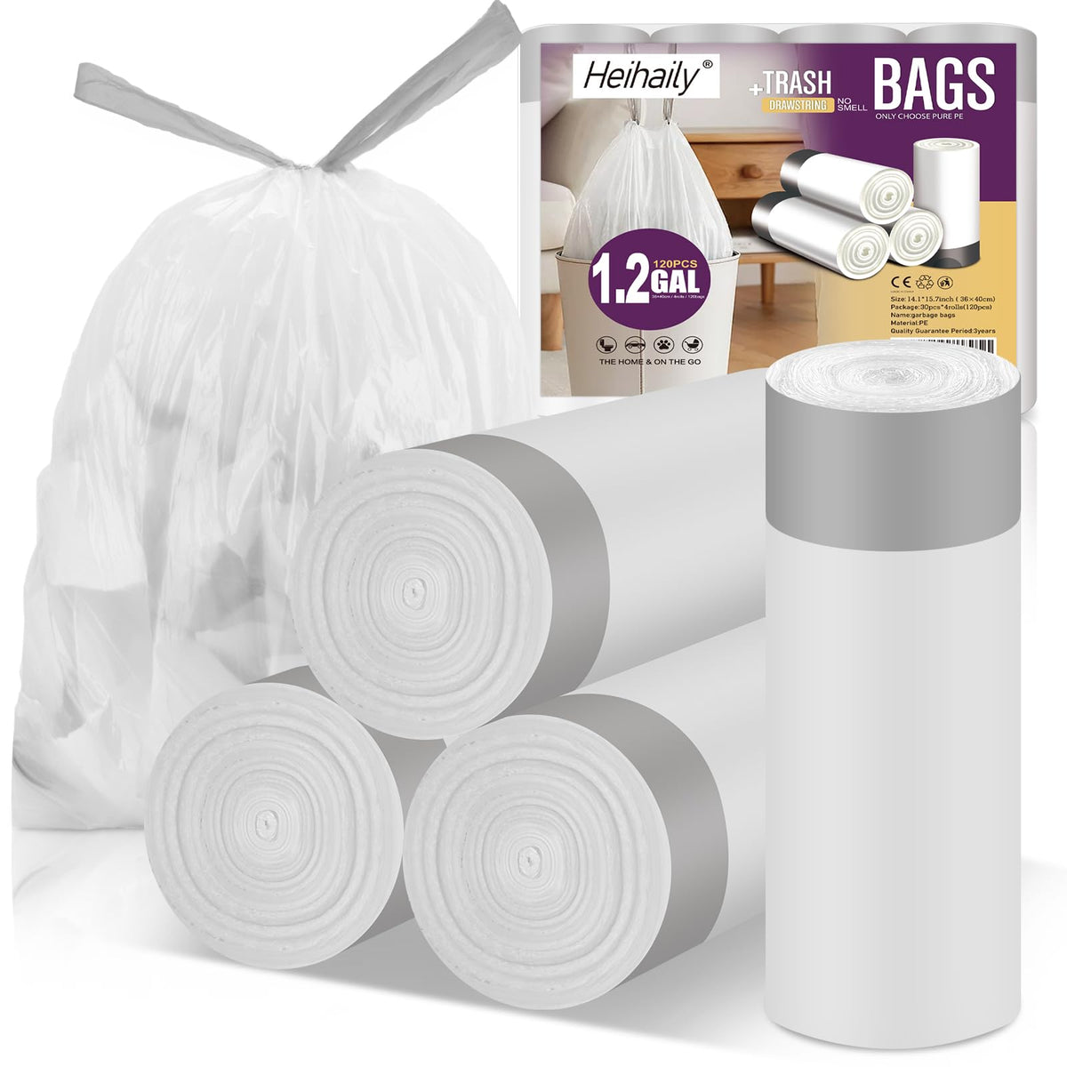 2.6 Gallon Small Trash Bags, Heihaily 60 Count Clear Drawstring Garbage Bags with Leak-Proof Bottom for Bathroom, Office & Bedroom, 16.9 x 17.7 Inch Plastic Waste Bags (≈10 Liter)