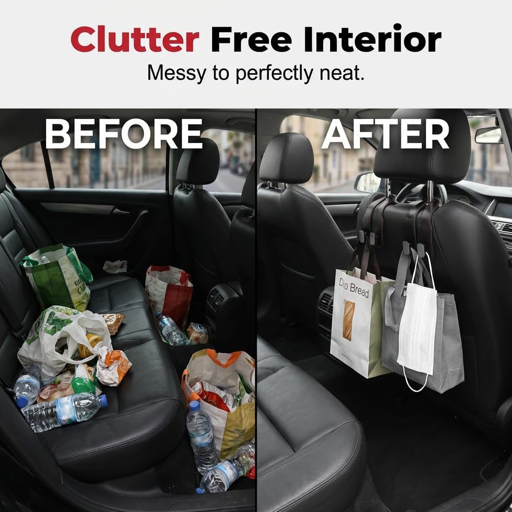 Car Headrest Hooks 2 Pack, Double Hook Seat Organizer for Purses Bags，Black