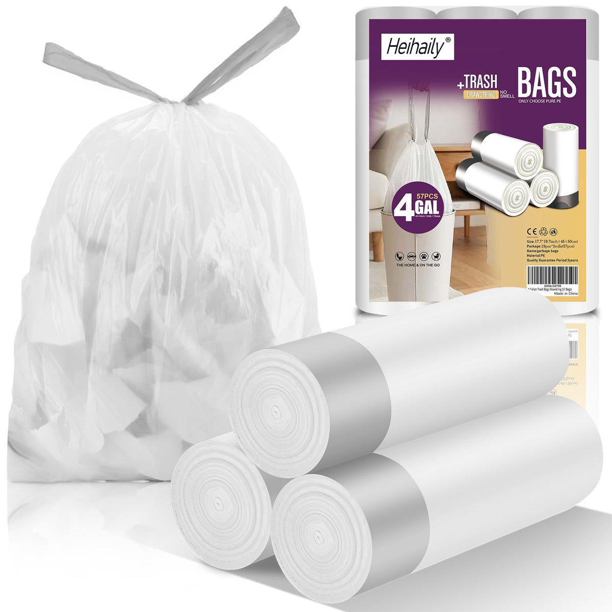 2.6 Gallon Small Trash Bags, Heihaily 60 Count Clear Drawstring Garbage Bags with Leak-Proof Bottom for Bathroom, Office & Bedroom, 16.9 x 17.7 Inch Plastic Waste Bags (≈10 Liter)