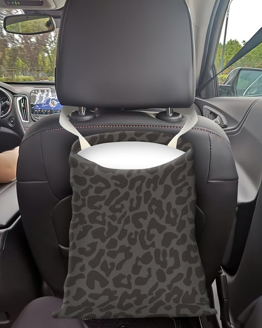 Cute Canvas Car Garbage Bag, Black Leopard Print, Car Trash Bin, Seat Back Hanging, 5L