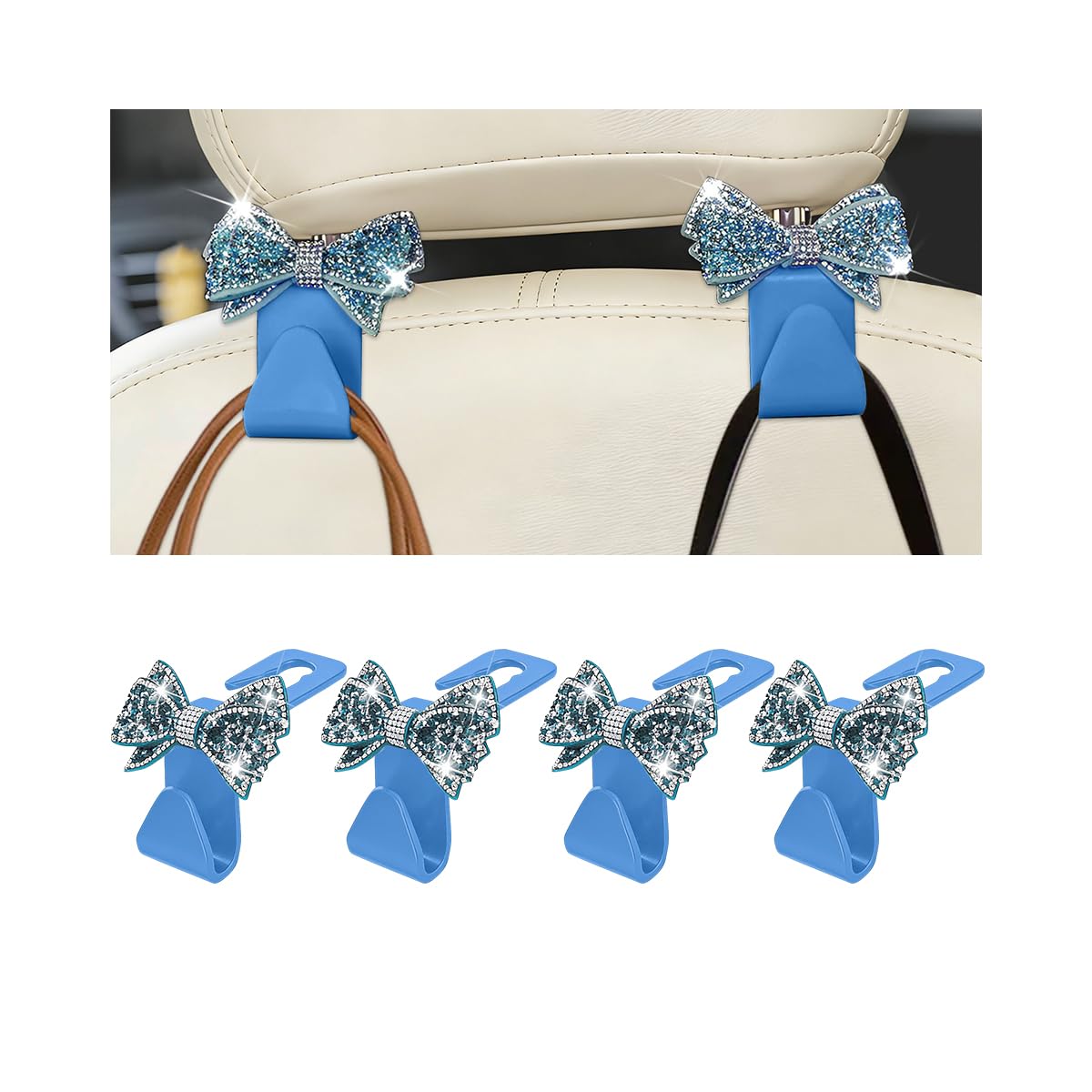 Zpana 4PCS Bling Car Headreat Hook, Crystal Rhinestone Cute Bow, Blue
