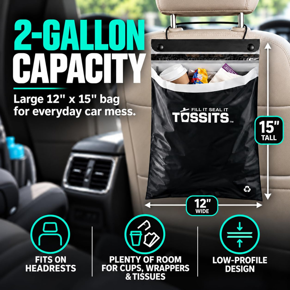 Tossits Hanging Car Trash & Garbage Bags, Disposable, Black 21 Count
