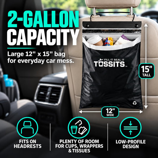 Tossits Hanging Car Trash & Garbage Bags, Disposable, Black 7 Count
