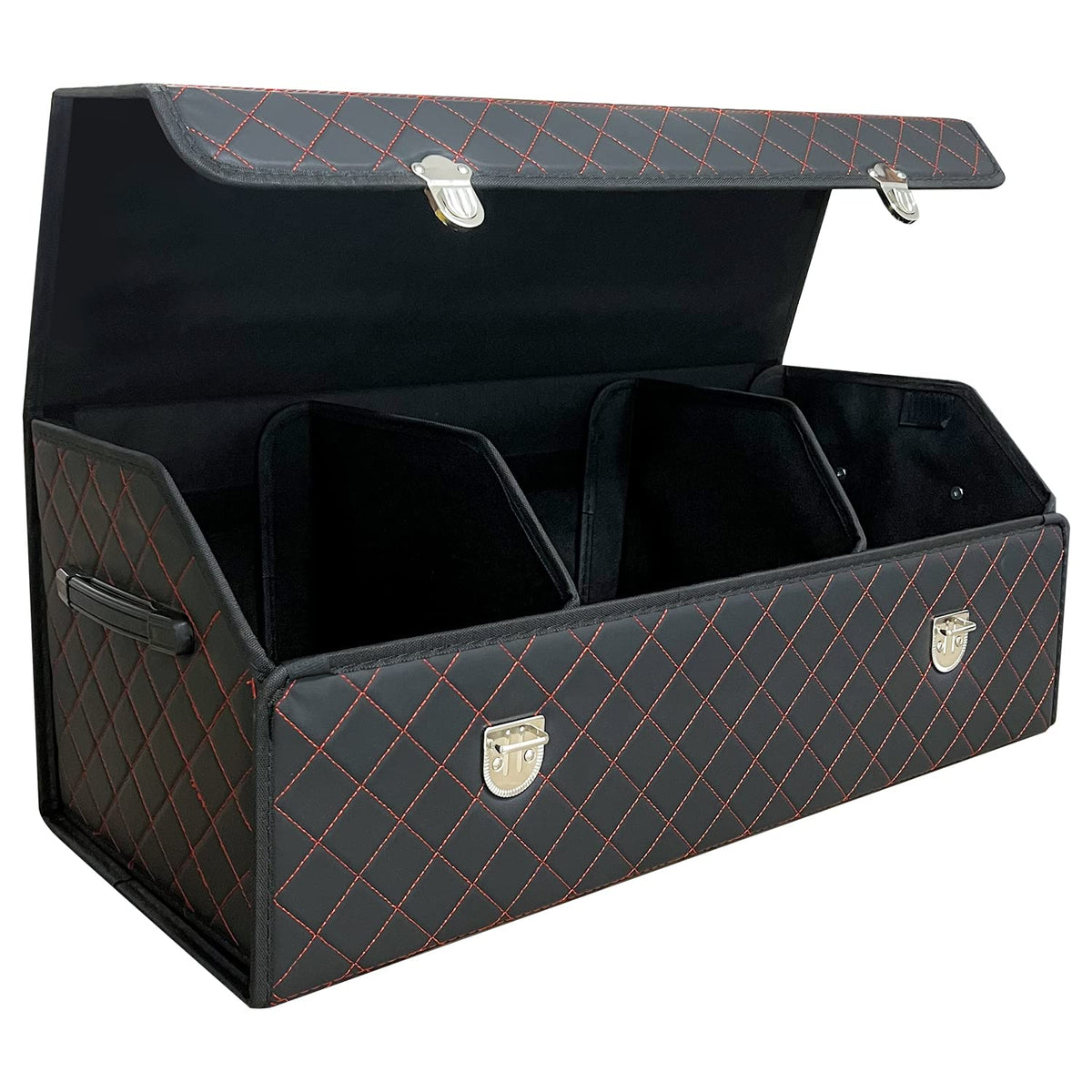 Car Trunk Organizer with Lid,Foldable Faux Leather Cargo Storage Box,3 Compartments,Collapsible Multi-Functional for SUV,Sedan,Vehicle Trunk
