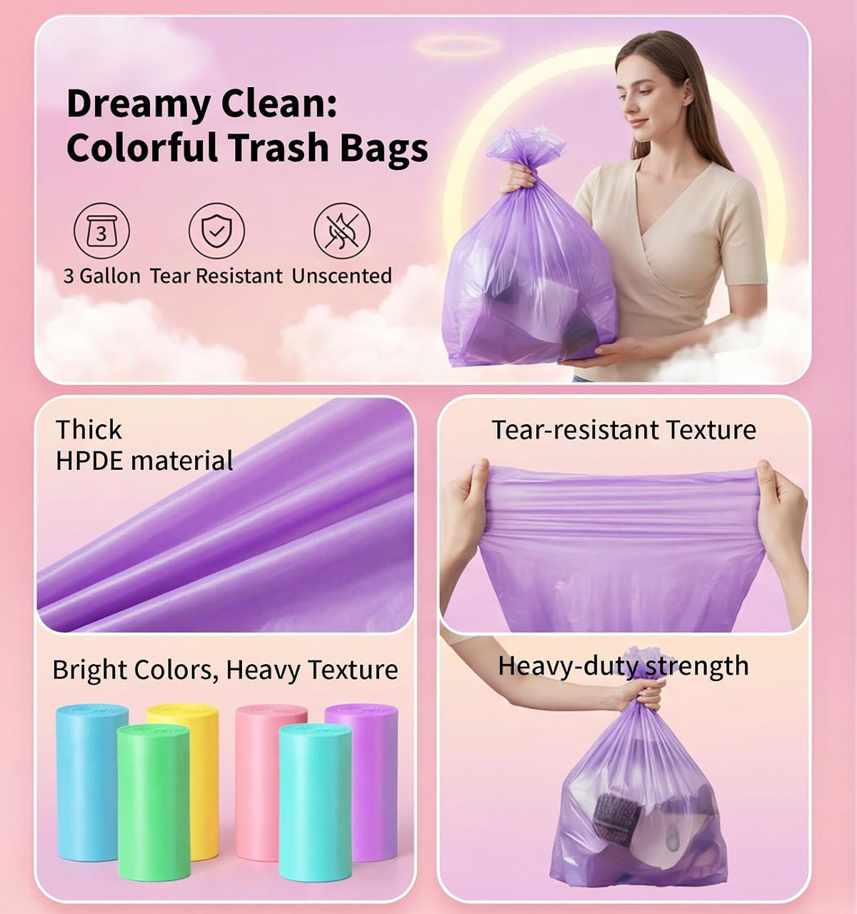 Small 3 Gallon Trash Bags Unscented, 0.78 Mil, Colored, 150 Count