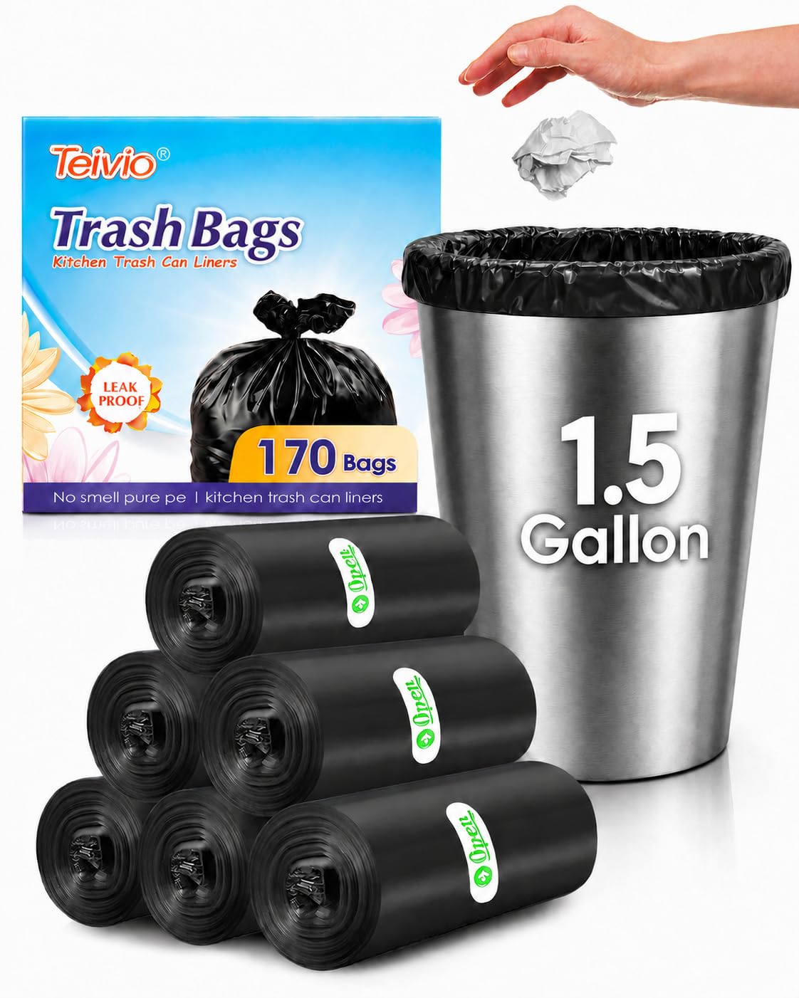 Teivio Small Clear Trash Bags 3 Gallon 150 Count Bathroom Garbage Bags