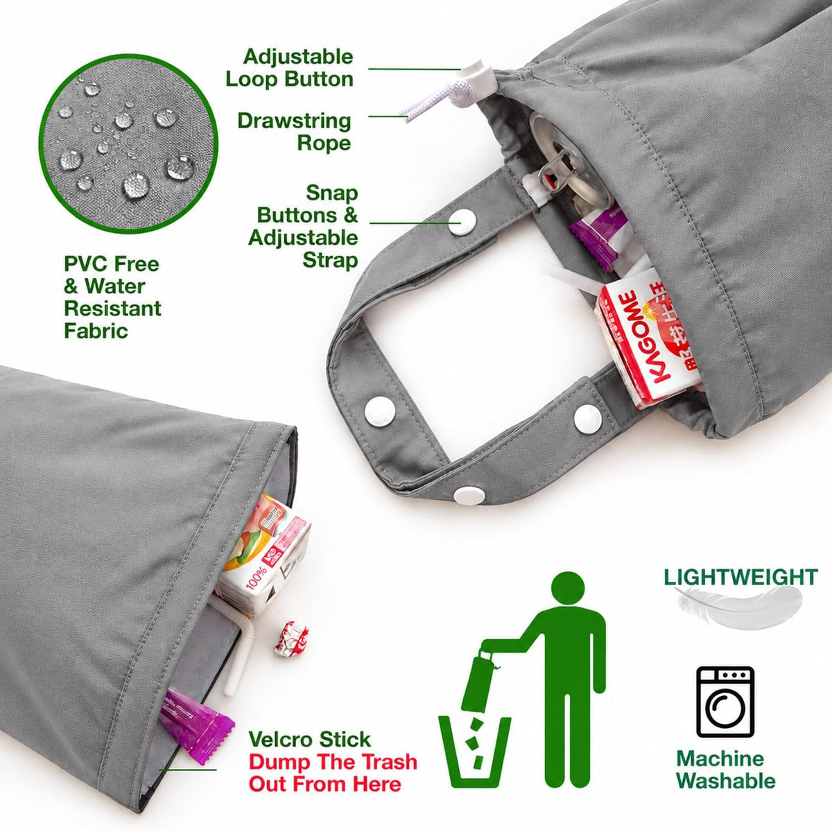 Waterproof Car Trash Bag Reusable Portable Garbage Can with Drawstring Top Adjustable Hanging Strap Leakproof & Washable for Cars SUVs & Trucks (Grey)