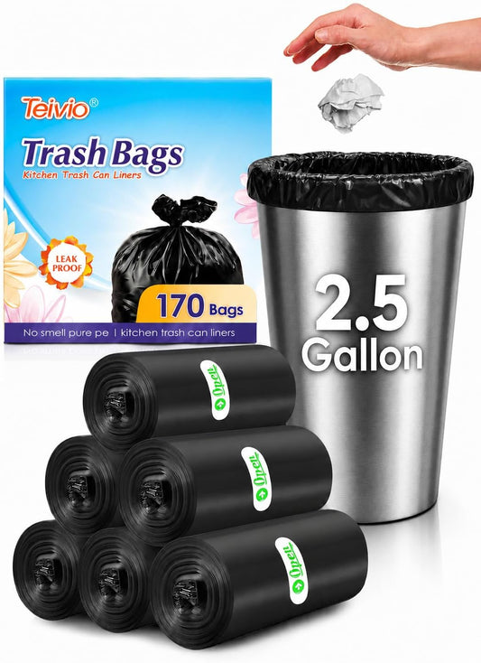 Teivio Small Black Trash Bags 2.5 Gallon 170 Count Unscented Garbage Bags