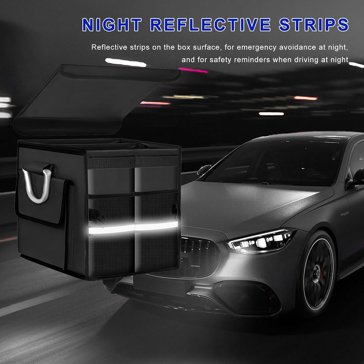 Car Trunk Organizer with Lid, 28L Collapsible Oxford Auto Storage Organizer with Reflective Strip & Handle, Multi-Purpose 2-Compartment Cargo Container for Cars SUVs Trucks (Black)
