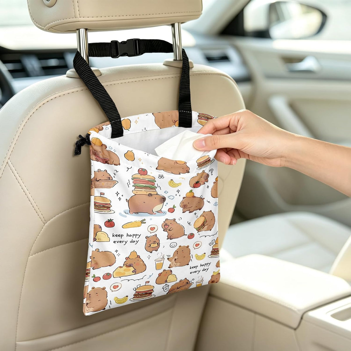 Car Trash Can, Cute Capybara Car Trash Bin, Gift for Capybara Lover, Hanging Back of Seat with Adjustable Snap Buckle Garbage Bag for Car