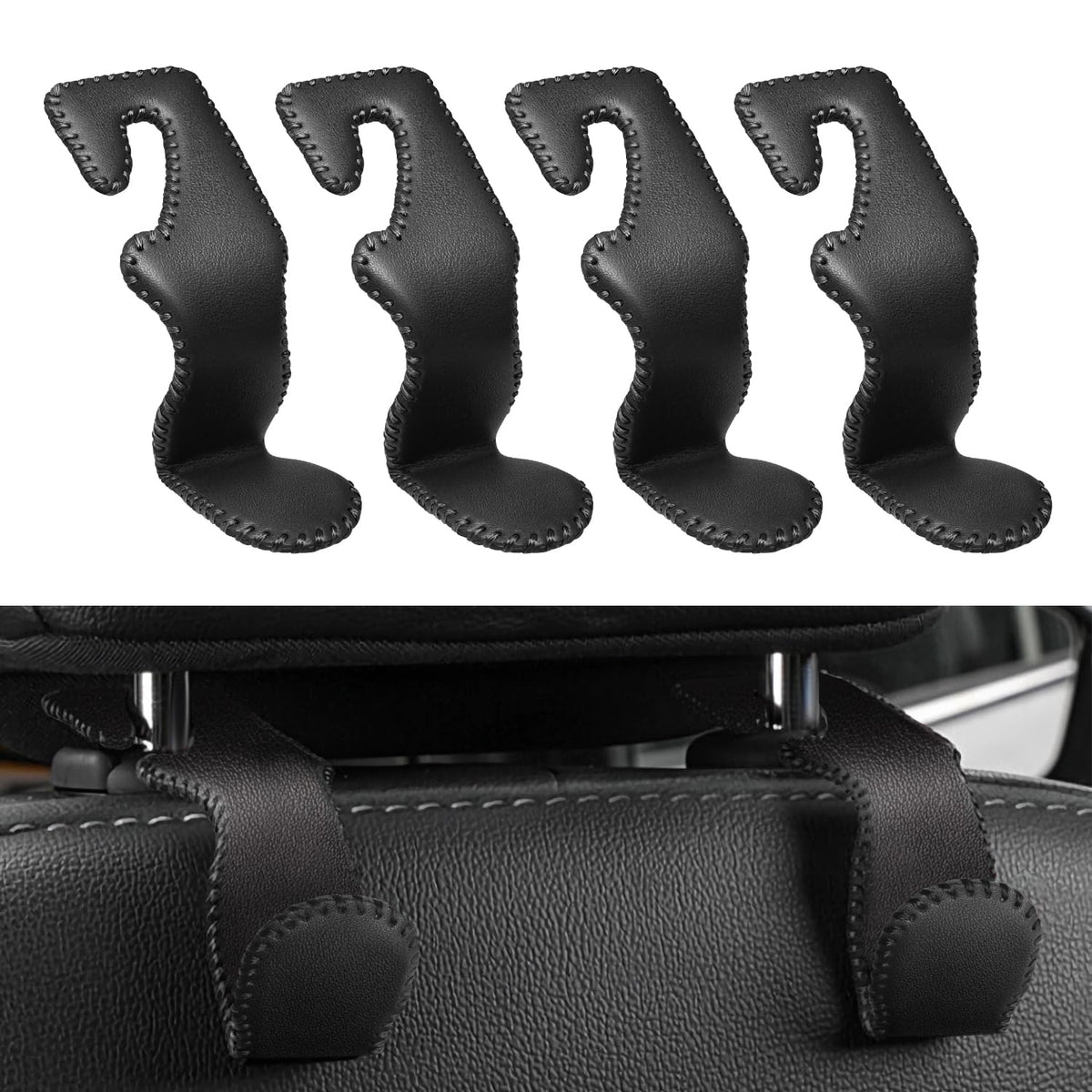 4 Pack Superior Leather Car Seat Headrest Hooks with 44 Pounds Load Capacity, Hangers Storage Organizer Universal Car Interior Accessories for Handbags Water Bottles Umbrellas, Black & Red