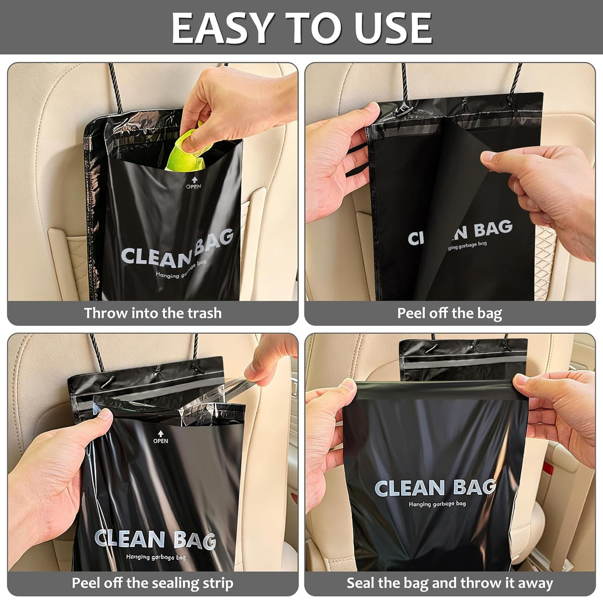 Accmor Hanging Car Trash Bags, 50 Count Disposable Garbage Bags, Easy Stick-On Headrest Waist Bin for Sedan, SUV, Truck, RV, Easy Tear Roll, Leak-Proof, Black