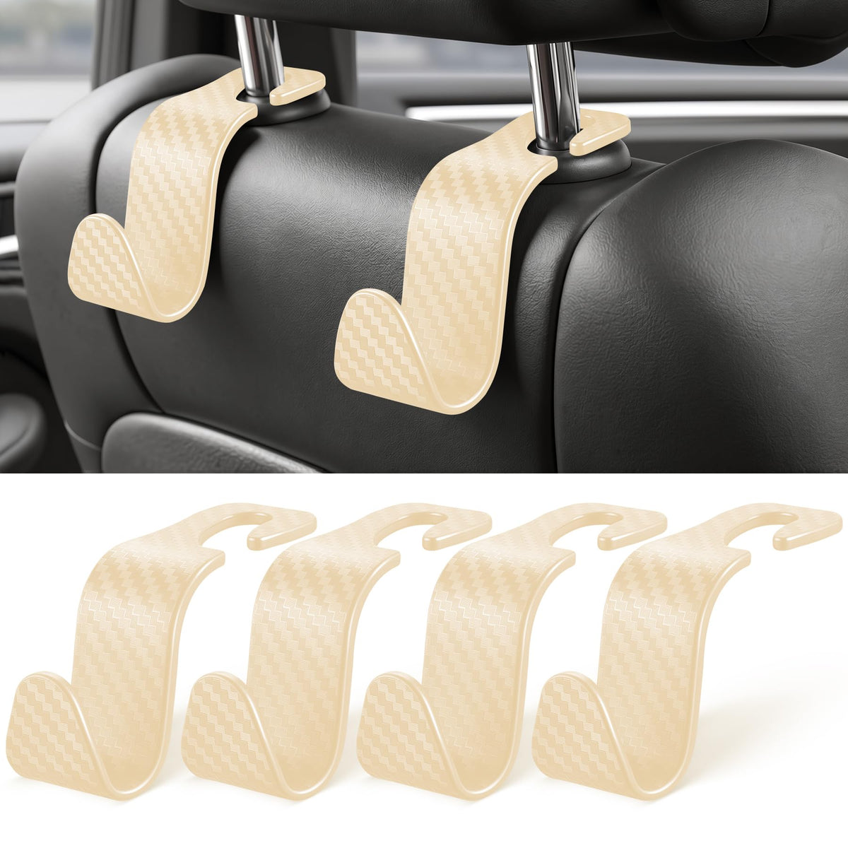 SINGARO Universal 4 Pack Car Seat Headrest Purse Hook, Carbon Fiber Back Seat Hook Storage Organizer Hanger for Purse Handbag Coat, Car Interior Accessories(Black)