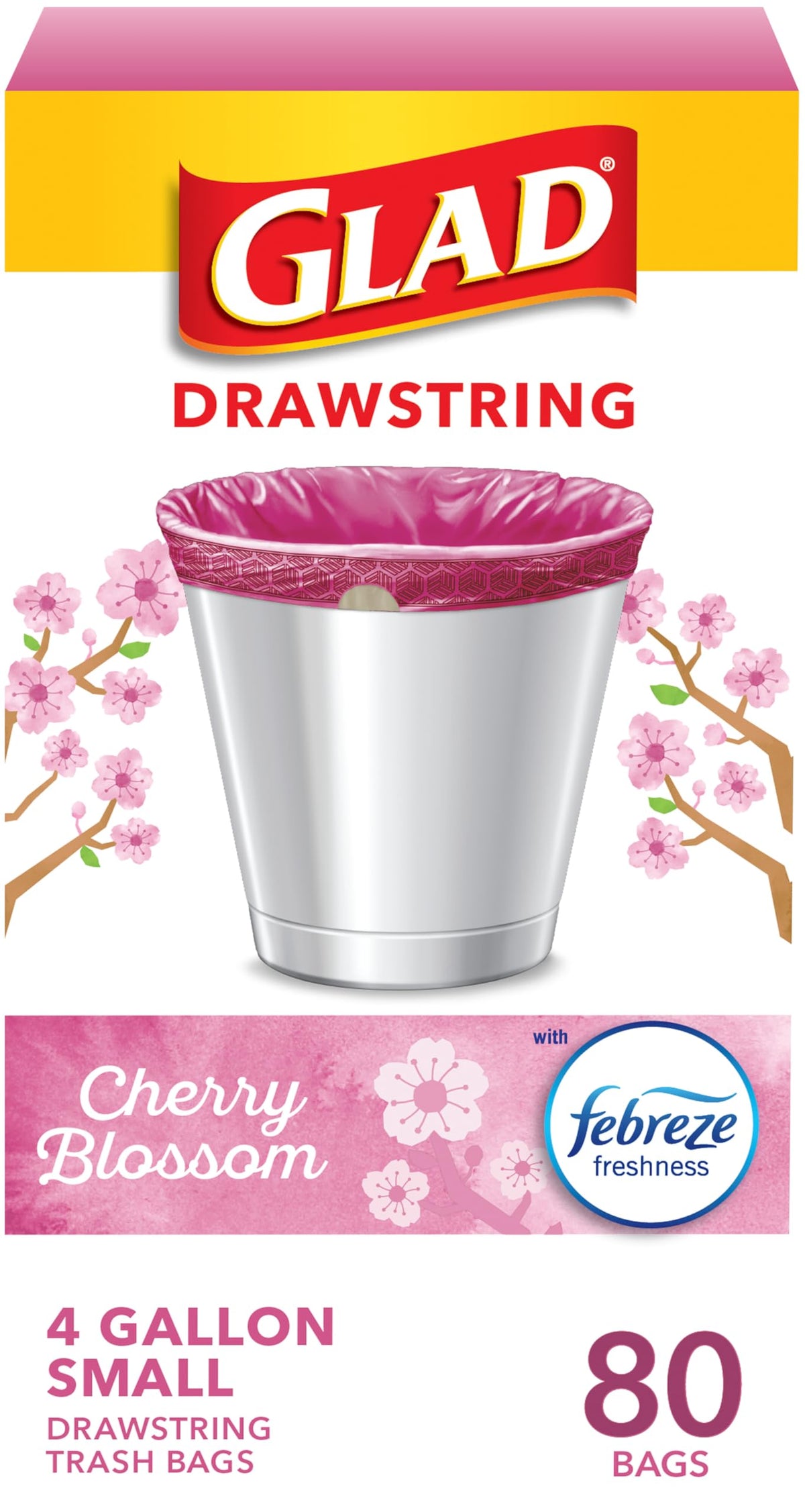 Glad Small Trash Bags, Great for Office, Bathrooms and Bedroom Bins, Cherry Blossom Scented Garbage Bags, Odor Resistant with Drawstring, Febreze Freshness, 4 Gallon Trash Bags, 80 Count