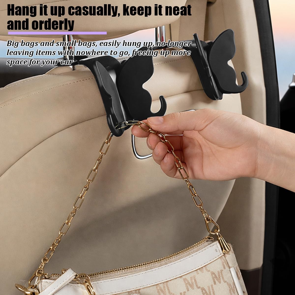 2PCS Car Seat Headrest Hook, Cute Butterfly Backseat Storage Hanger Organizer for Purse Handbag Umbrella, Auto Interior Seat Back Hook Holder Decor, Universal for SUV Truck Van (Black)