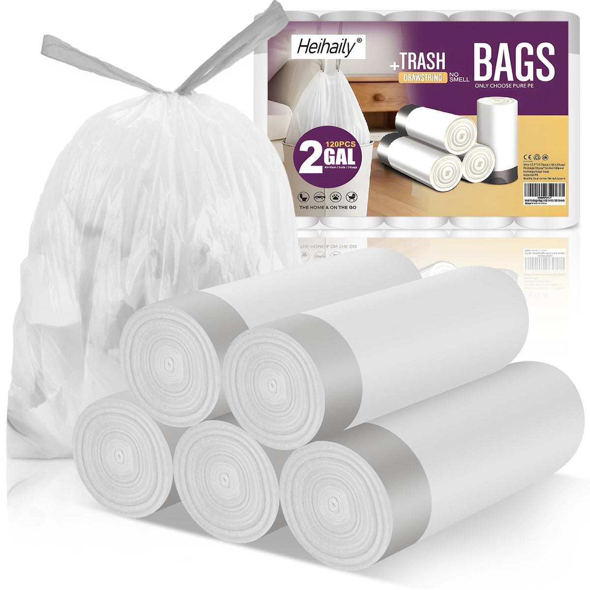 2.6 Gallon Small Trash Bags, Heihaily 60 Count Clear Drawstring Garbage Bags with Leak-Proof Bottom for Bathroom, Office & Bedroom, 16.9 x 17.7 Inch Plastic Waste Bags (≈10 Liter)