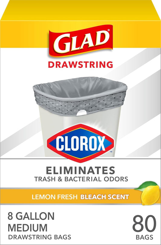Glad Medium Trash Bags, 8 Gallon, Lemon Fresh Bleach Garbage Bags, Resists Bacterial Odors with Drawstring, 80 Count