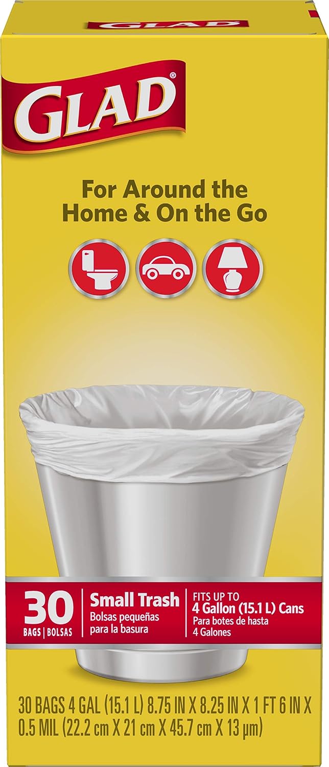 Glad Trash Bags, Small Garbage Bags - 4 Gallon White Trash Bag - 30 Count