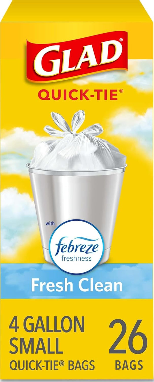 Glad Small Trash Bags 4 Gallon, Febreze Fresh Clean Garbage Bags, Odor Resistant with Quick Tie, 26 Count