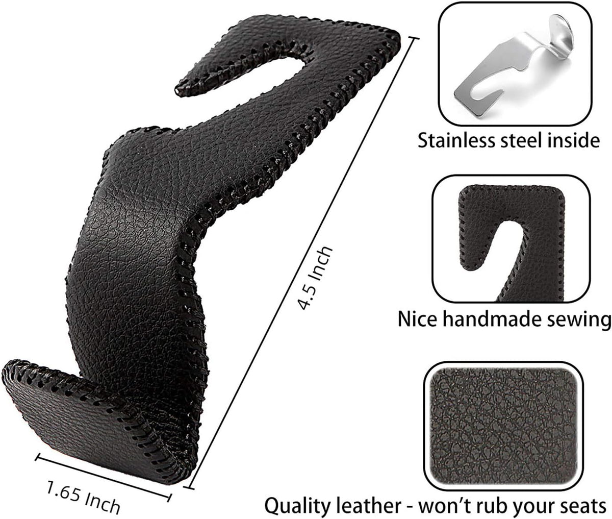 AMVOYOA Headrest Hooks for Car, Back Seat Organizer Black Leather Hanger Holder Hook, for Hanging Purses and Bags and Coats, Pack of 2