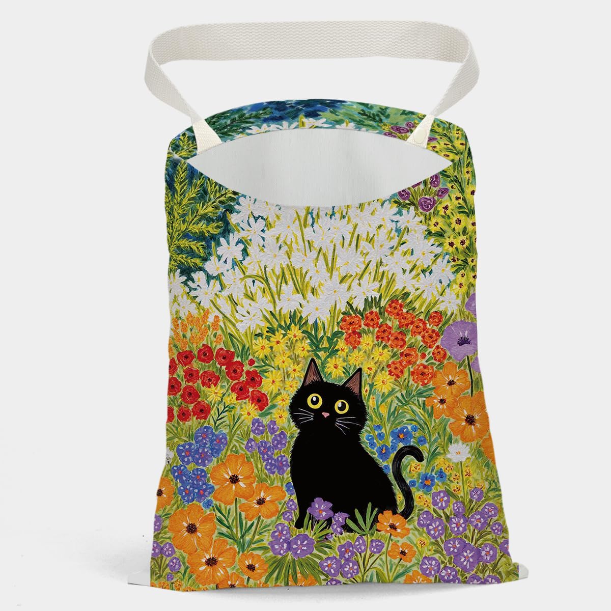 Car Trash Bag, Car Trash Bag Hanging, Country Style Design Hanging Drawstring Adjustable Buckle, Trash Can for Cars SUV, Floral Cute Black Cat Decor 12 x 10 inches