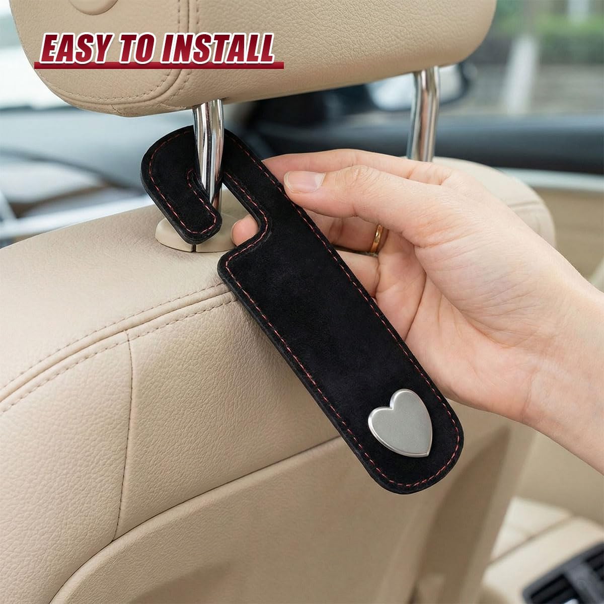 2PCS Cute Heart Car Seat Headrest Hook, Suede Leather Car Seat Back Storage Hanger for Purse and Bag, Universal Vehicle Interior Organizer Accessories for SUV, Truck(Black)