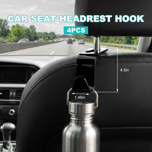 4PCS Car Seat Headrest Hook, Auto Seat Back Organizer Storage Hanger for Purse Bag Coat Umbrella, Universal Hanging Holder Interior Organization Accessories for Most Vehicles (Black)