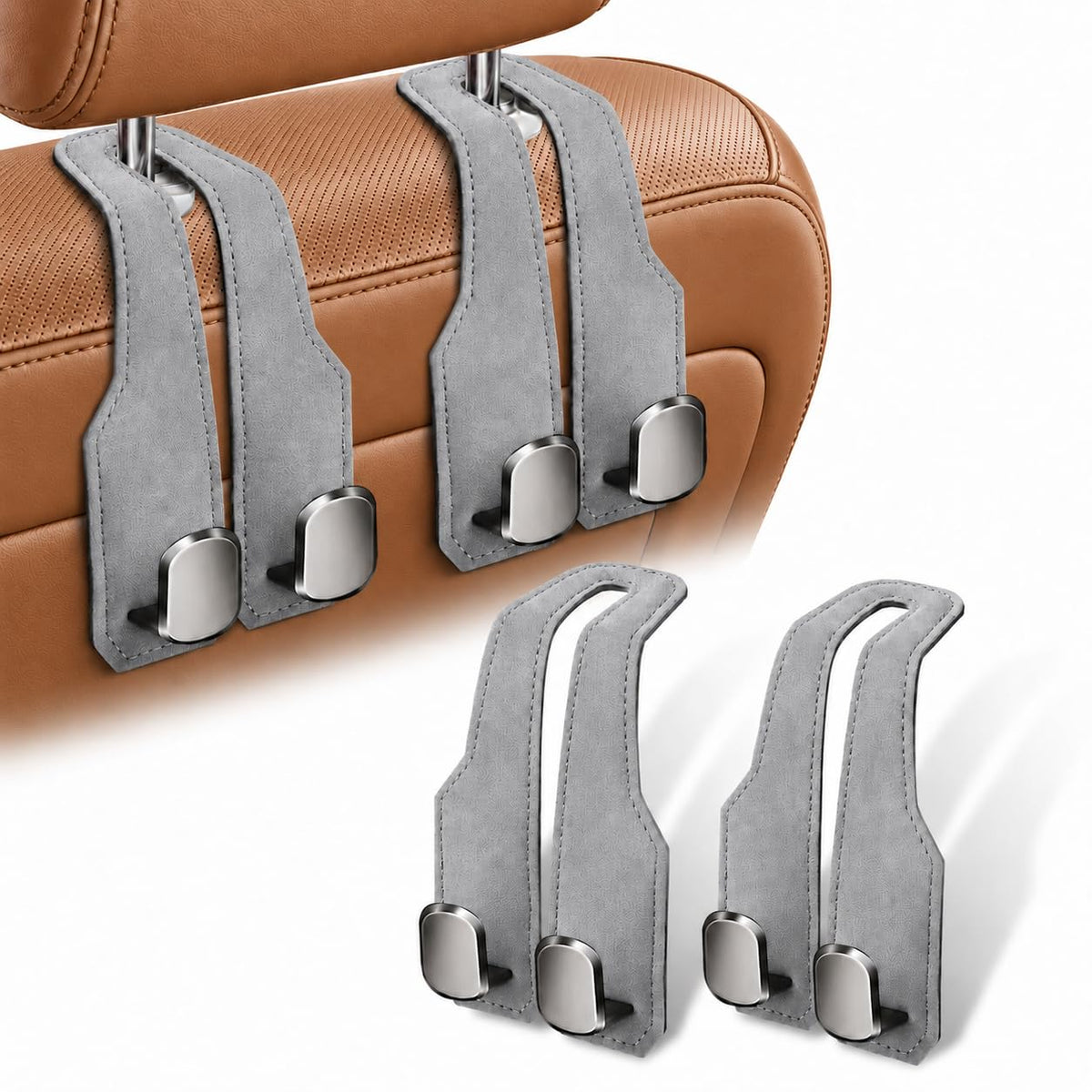 2 Pack Car Headrest Hooks, Dual Metal Hooks, Stylish Brown