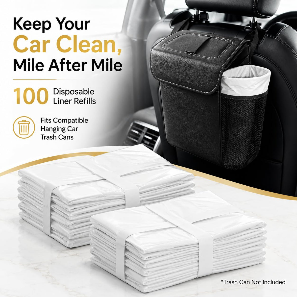 Disposable Car Trash Can Bags, Liner Refills (1-Pack, 100 Bags Total) - for HOTOR Car Garbage Can(Trash Can Not Included) White