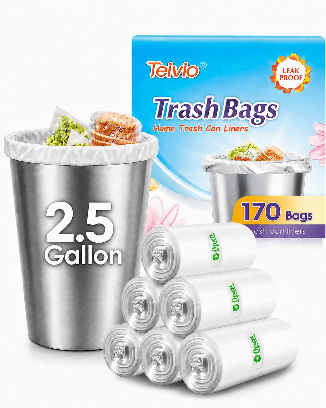 Teivio Small Clear Trash Bags 3 Gallon 150 Count Bathroom Garbage Bags