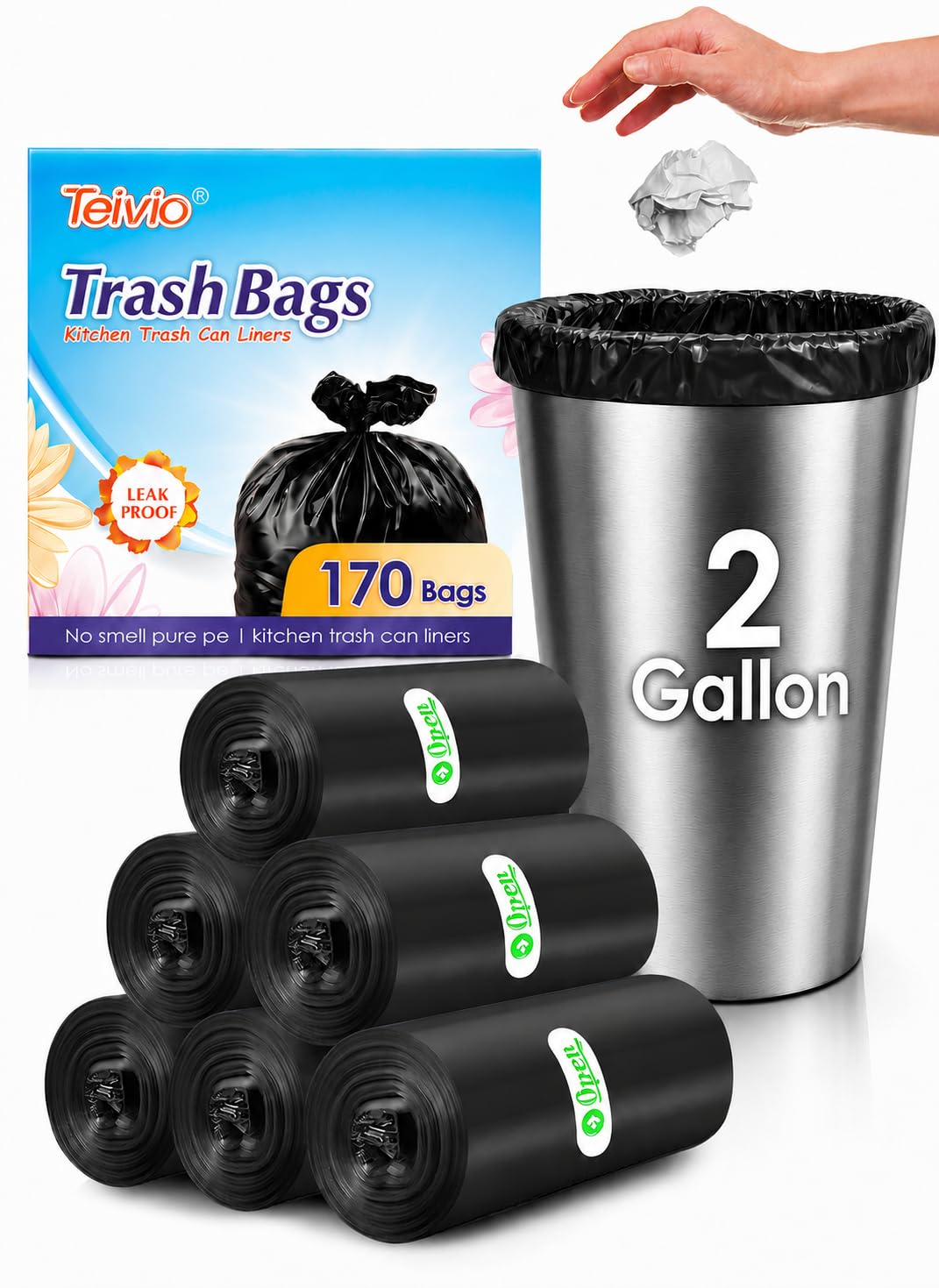 Teivio Small Black Trash Bags 2 Gallon 170 Count Unscented Garbage Bags