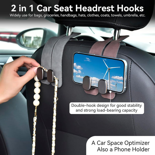 SLLAK Car Hooks for Headrest, 2 in 1 Car Seat Back Storage Hook, Premium Leather Car Headrest Hook
