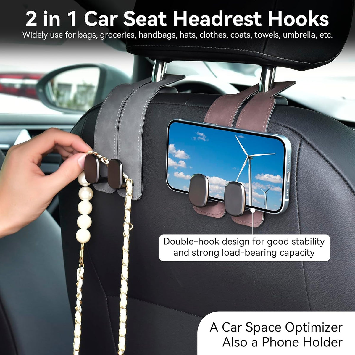 SLLAK Car Hooks for Headrest, 2 in 1 Car Seat Back Storage Hook, Premium Leather Car Headrest Hook