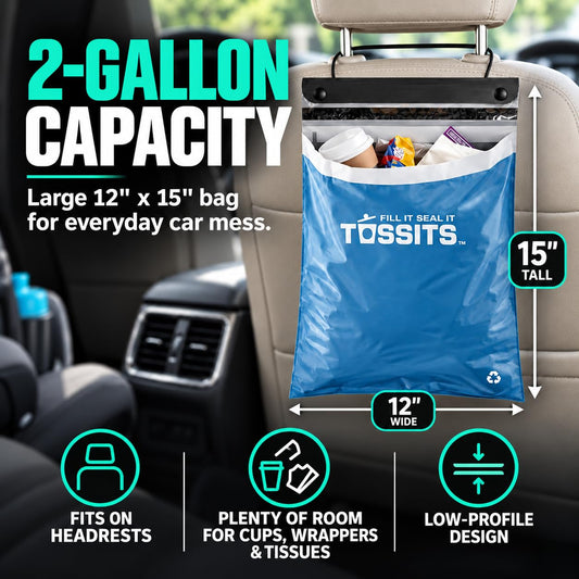Tossits Hanging Car Trash & Garbage Bags, Disposable, Blue 21 Count