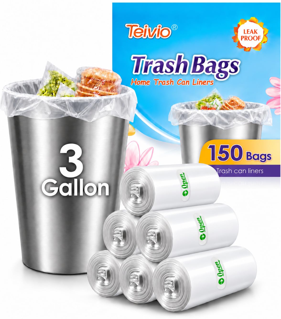 Teivio Small Clear Trash Bags 3 Gallon 150 Count Bathroom Garbage Bags