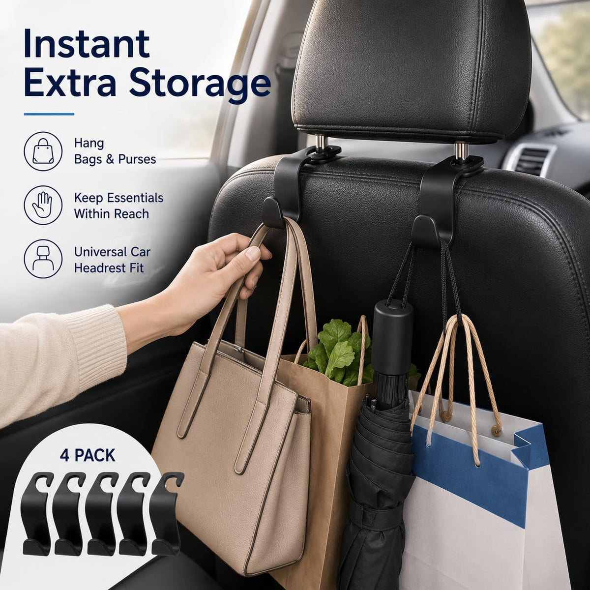 4pcs Car Seat Headrest Hooks, Universal Back Seat Storage Hooks for Purses Grocery Bags Coats Umbrellas, Vehicle Organizer Accessories