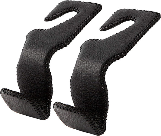 AMVOYOA Headrest Hooks for Car, Back Seat Organizer Black Leather Hanger Holder Hook, for Hanging Purses and Bags and Coats, Pack of 2