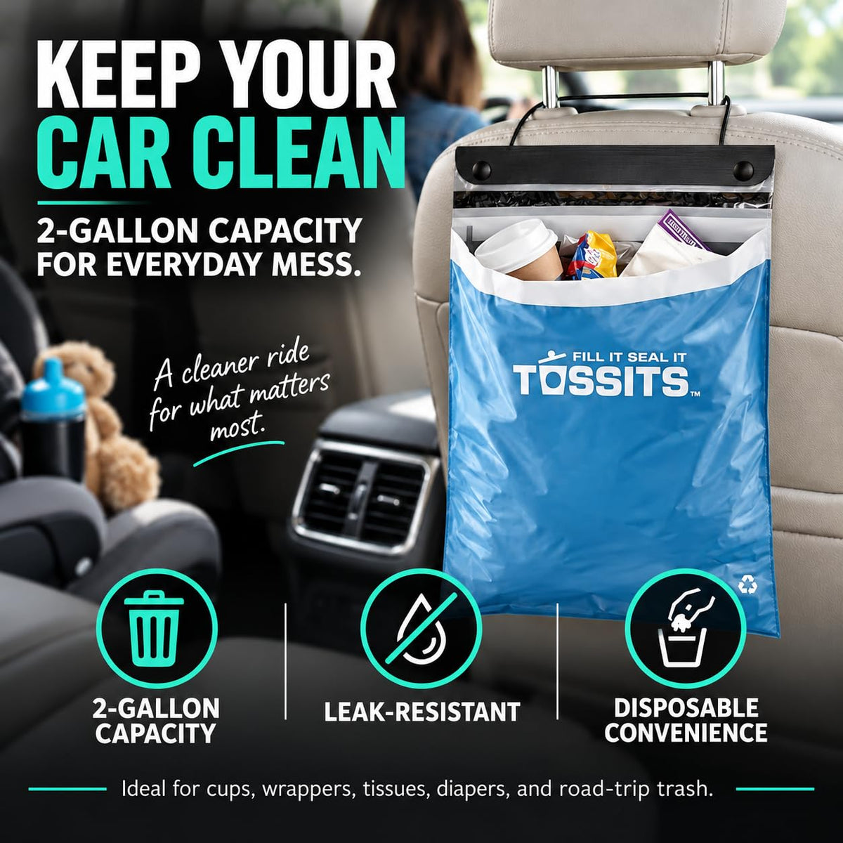 Tossits Hanging Car Trash & Garbage Bags, Disposable, Blue 7 Count